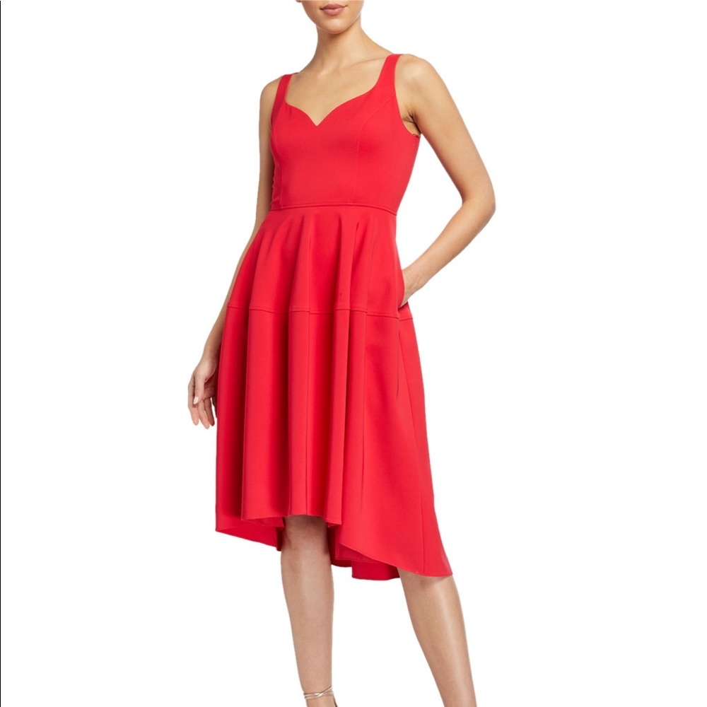 Aidan Mattox Red Sweetheart Scoop Back A-line High-Low Crepe Dress with Pockets